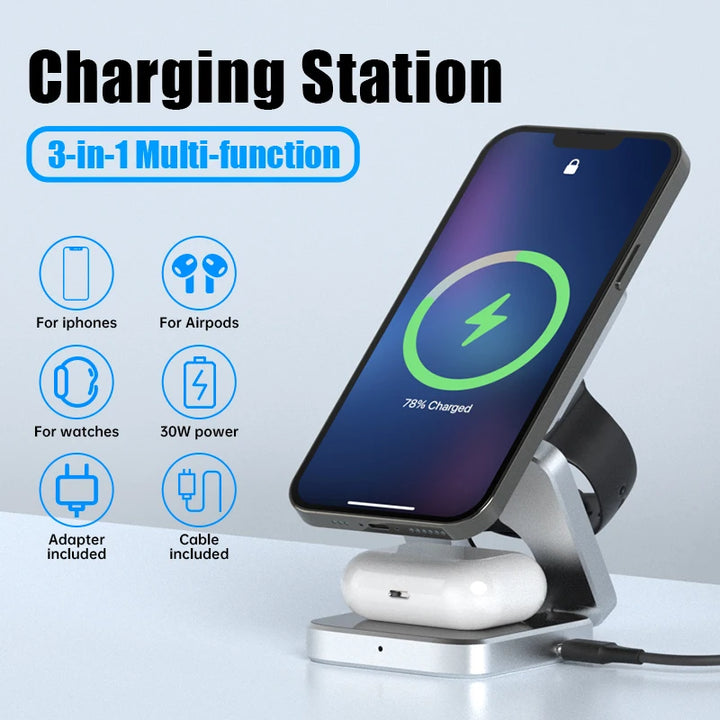 Folding Magnetic Wireless Charging Station for iPhone, AirPods, and Apple Watch